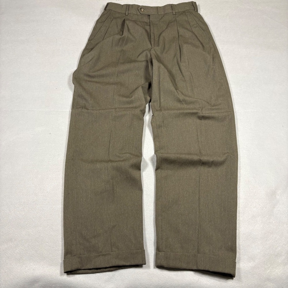 Chaps Ralph Lauren Mens Pleated Trousers Olive Brown Cuffed Dress Pants 32x30